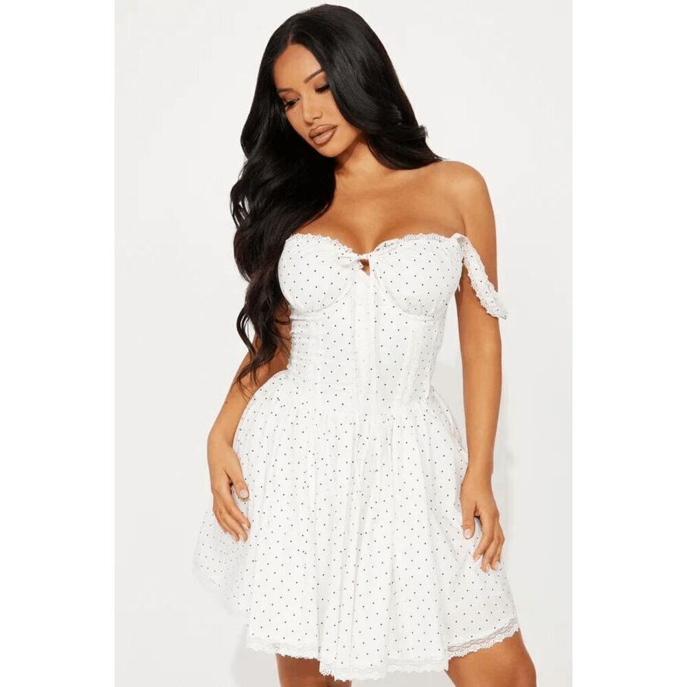 Fashion Nova Adorable Affair White Cottagecore Polka Dot Mini Dress SIZE S NWT